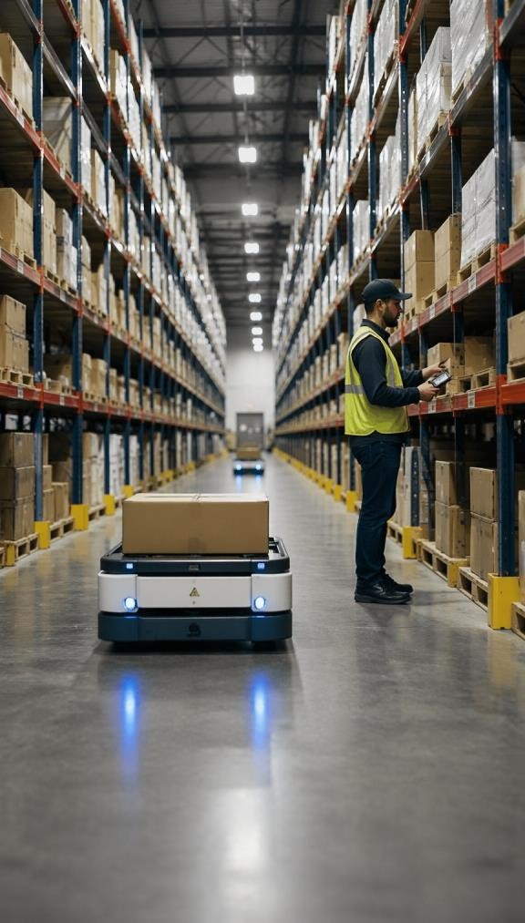 Entrepôt avec opérateur et robot de transport