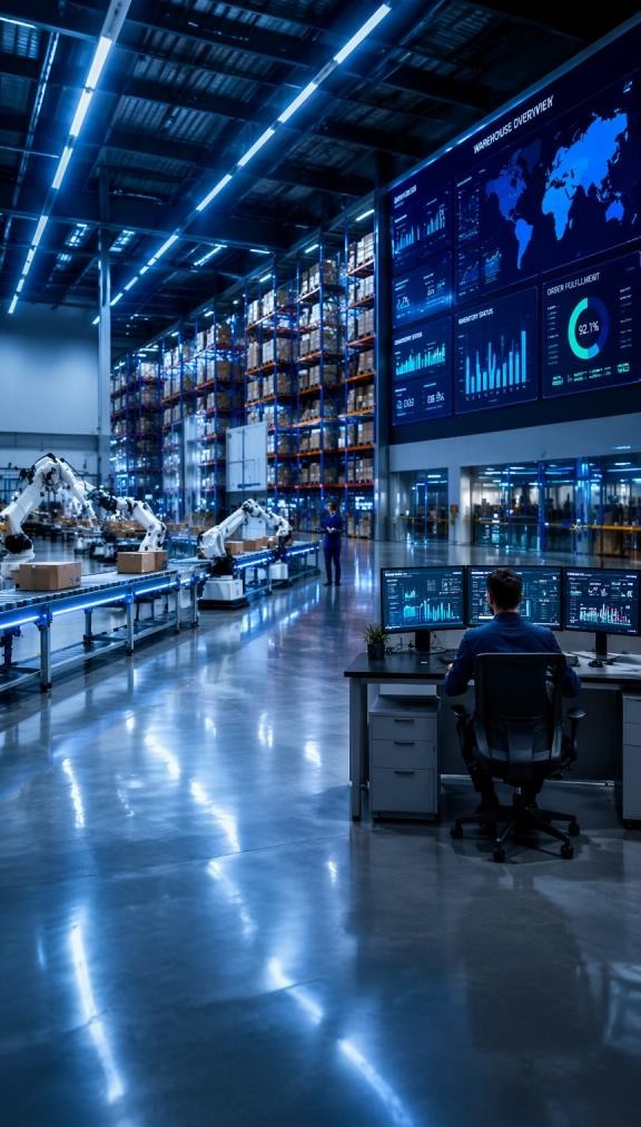 Centre logistique numérique avec écrans de suivi et lignes automatisées